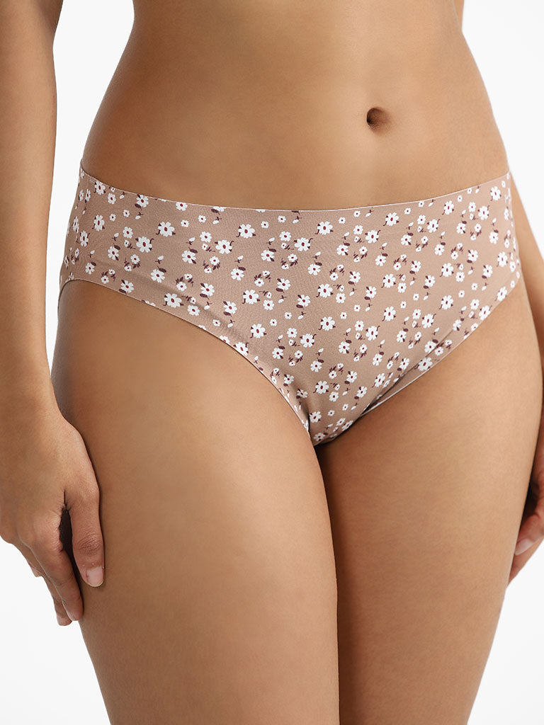 Wunderlove Light Taupe Floral Printed Briefs