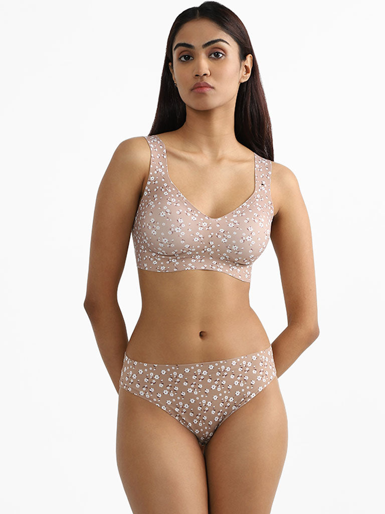 Wunderlove Light Taupe Floral Printed Briefs