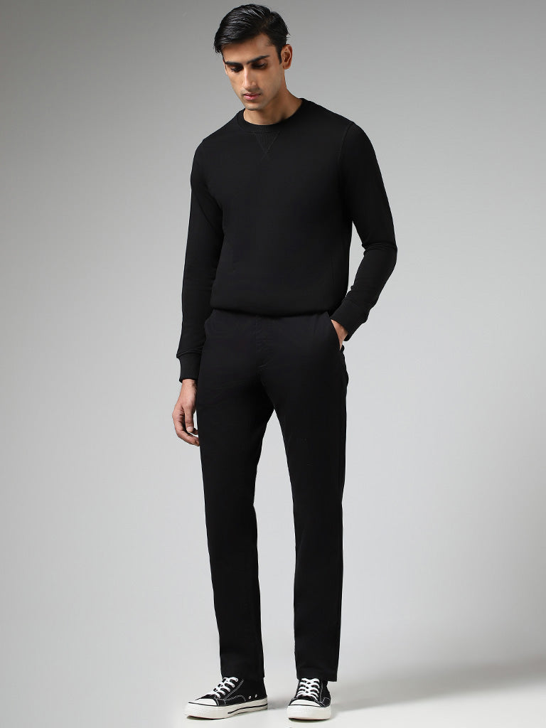 Westside WES Casuals Men's Solid Black Relaxed-Fit Mid-Rise Cotton Chinos for Casual Wear Full View