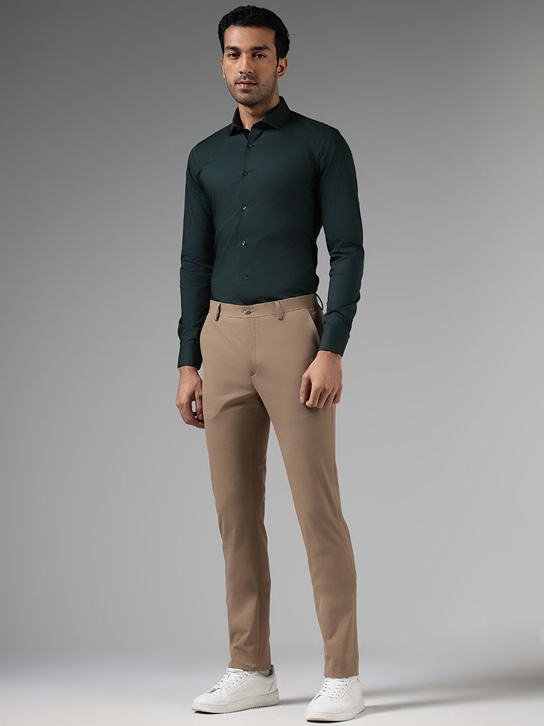 Westside WES Formals Men's Solid Dark Khaki Ultra Slim-Fit Mid-Rise Trousers for Work Wear Full View