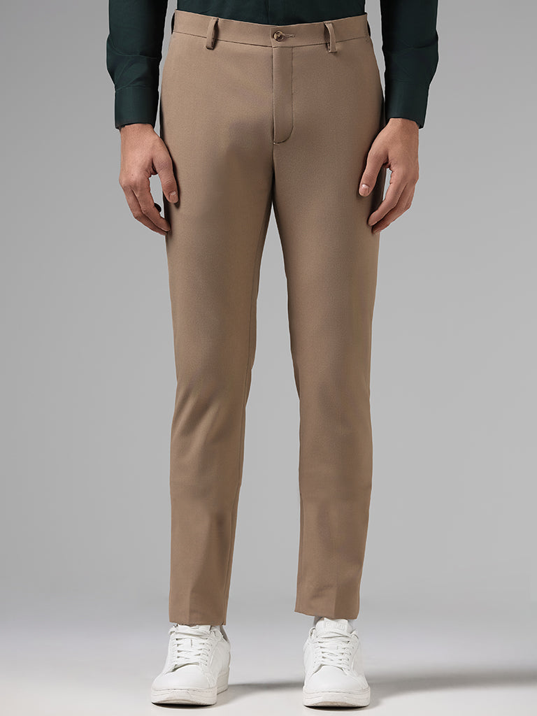 Westside WES Formals Men's Solid Dark Khaki Ultra Slim-Fit Mid-Rise Trousers for Work Wear Front View
