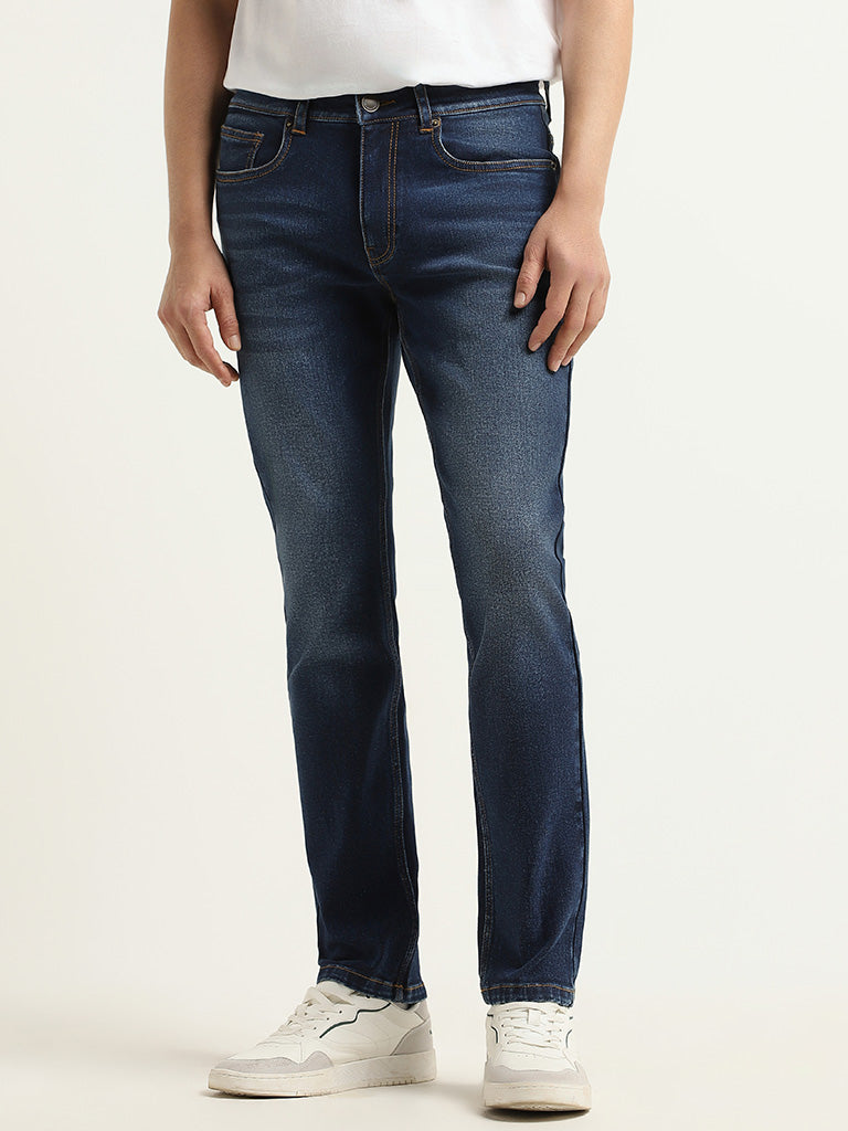 Westside WES Casuals Men's Dark Blue Relaxed-Fit Mid-Rise Jeans for Casual Wear Front View