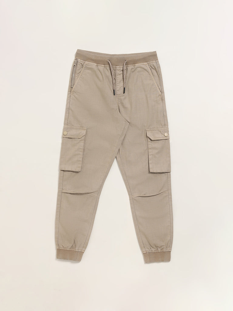 Westside Y&F Boy's Beige Mid-Rise Cotton Cargo Joggers for Casual Wear Front View