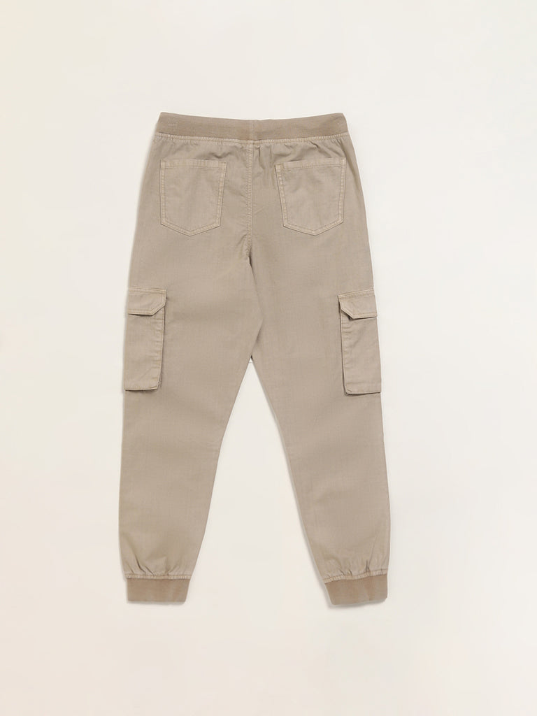 Westside Y&F Boy's Beige Mid-Rise Cotton Cargo Joggers for Casual Wear Back View