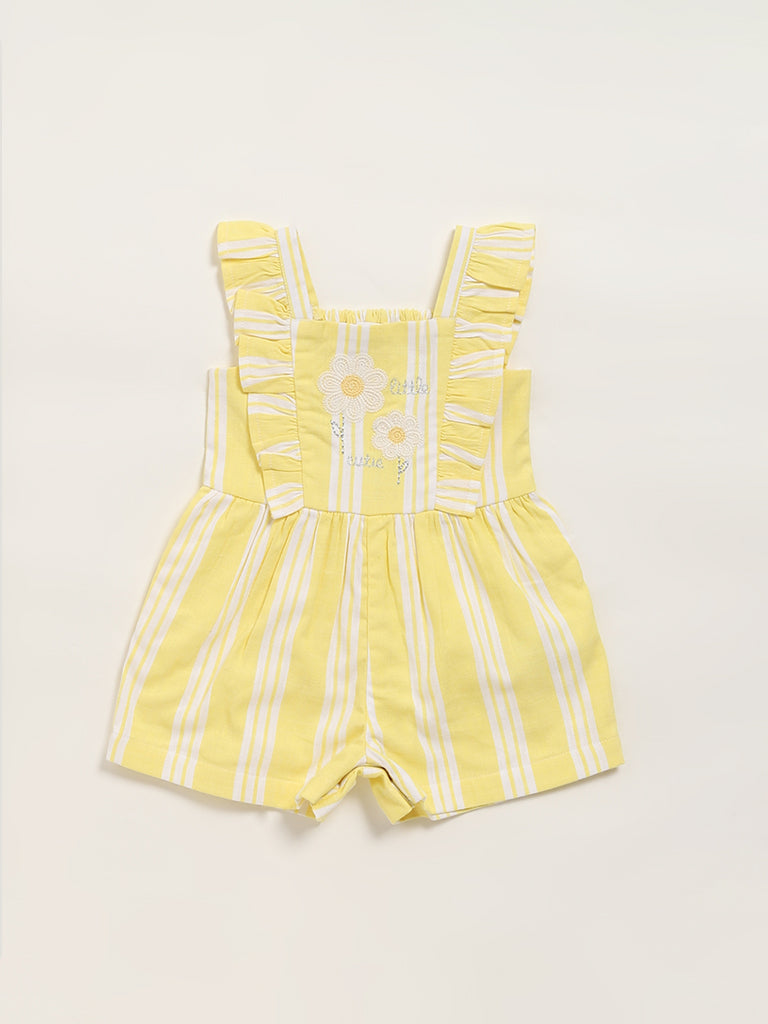 Westside HOP Baby Girl's Yellow Striped Cotton Jumpsuit for Casual Wear Front View