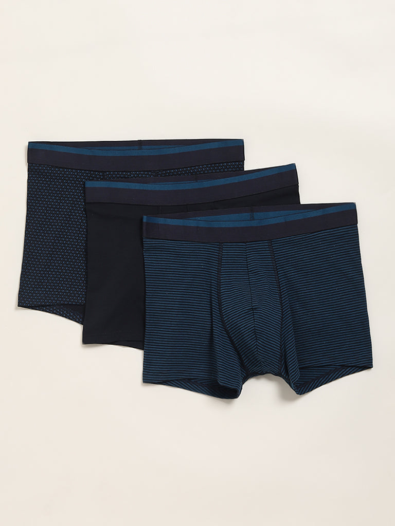 Westside WES Lounge Men's Teal Cotton-Blend Relaxed Fit Trunks - Pack of 3 for Casual Wear Pack View