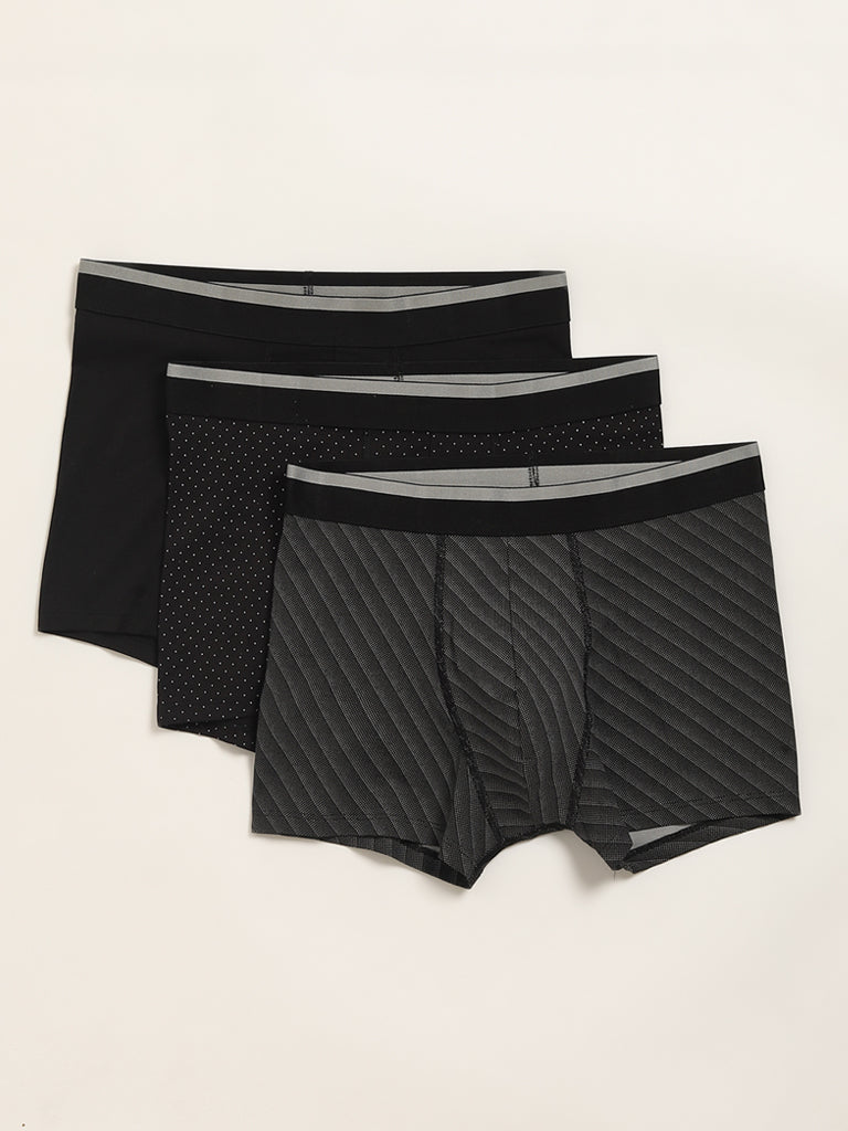 Westside WES Lounge Men's Black Printed Cotton-Blend Relaxed Fit Trunks - Pack of 3 for Casual Wear Pack View