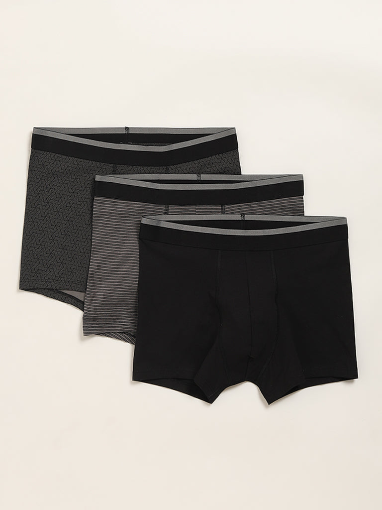 Westside WES Lounge Men's Black Printed Cotton-Blend Relaxed Fit Trunks - Pack of 3 for Casual Wear Pack View