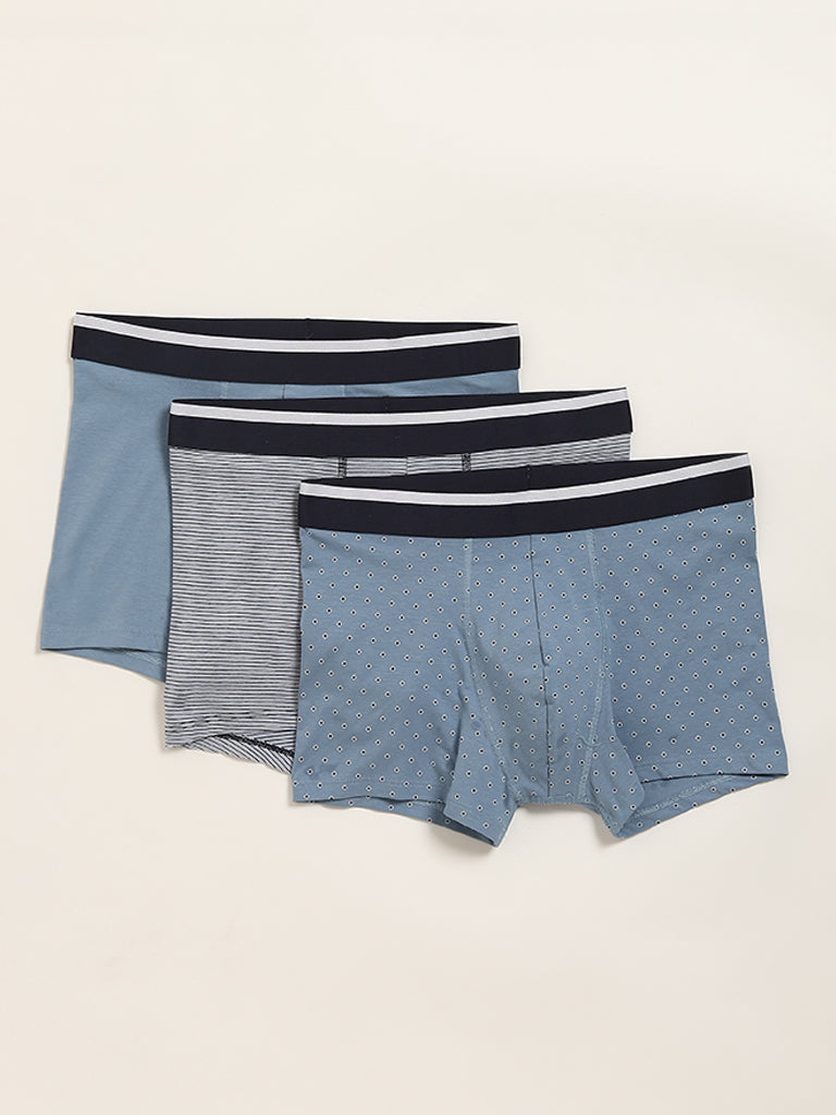 Westside WES Lounge Men's Light Blue Cotton-Blend Relaxed Fit Trunks - Pack of 3 for Casual Wear Pack View