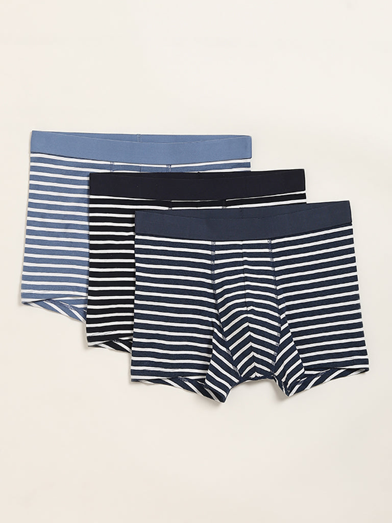 Westside WES Lounge Men's Navy Striped Cotton-Blend Relaxed Fit Trunks - Pack of 3 for Casual Wear Pack View