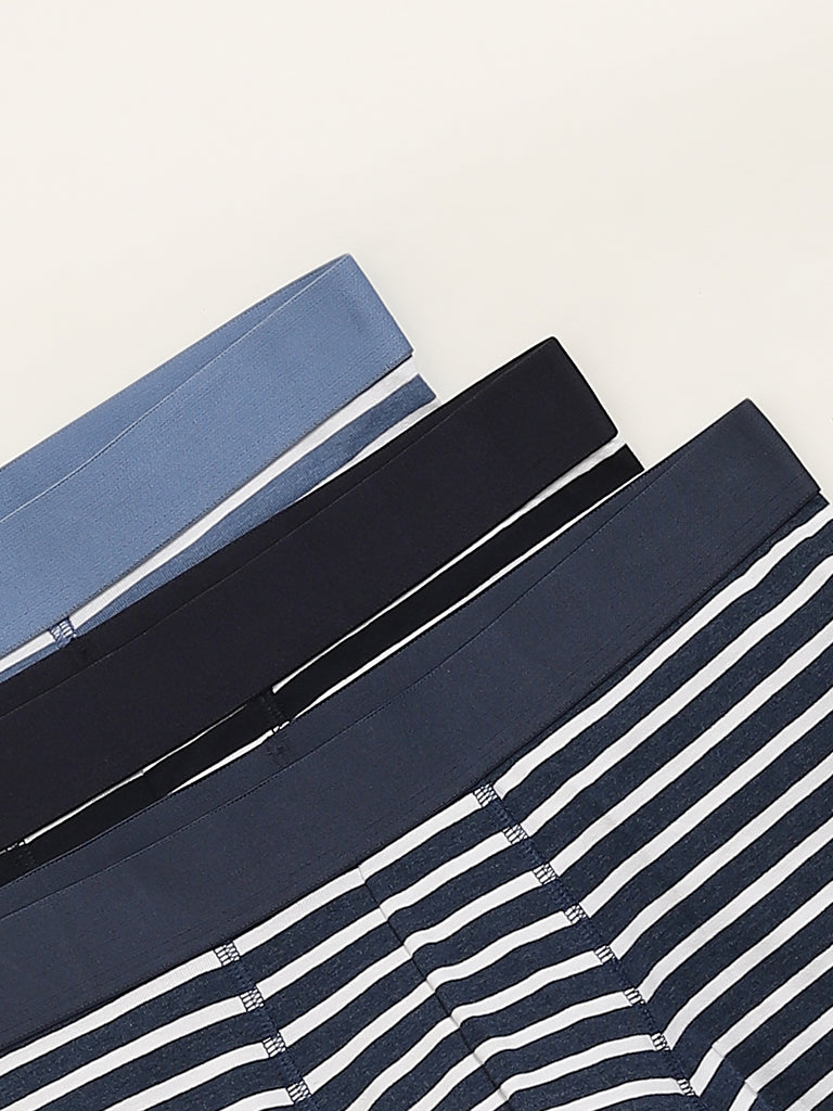 Westside WES Lounge Men's Navy Striped Cotton-Blend Relaxed Fit Trunks - Pack of 3 for Casual Wear Zoomed View