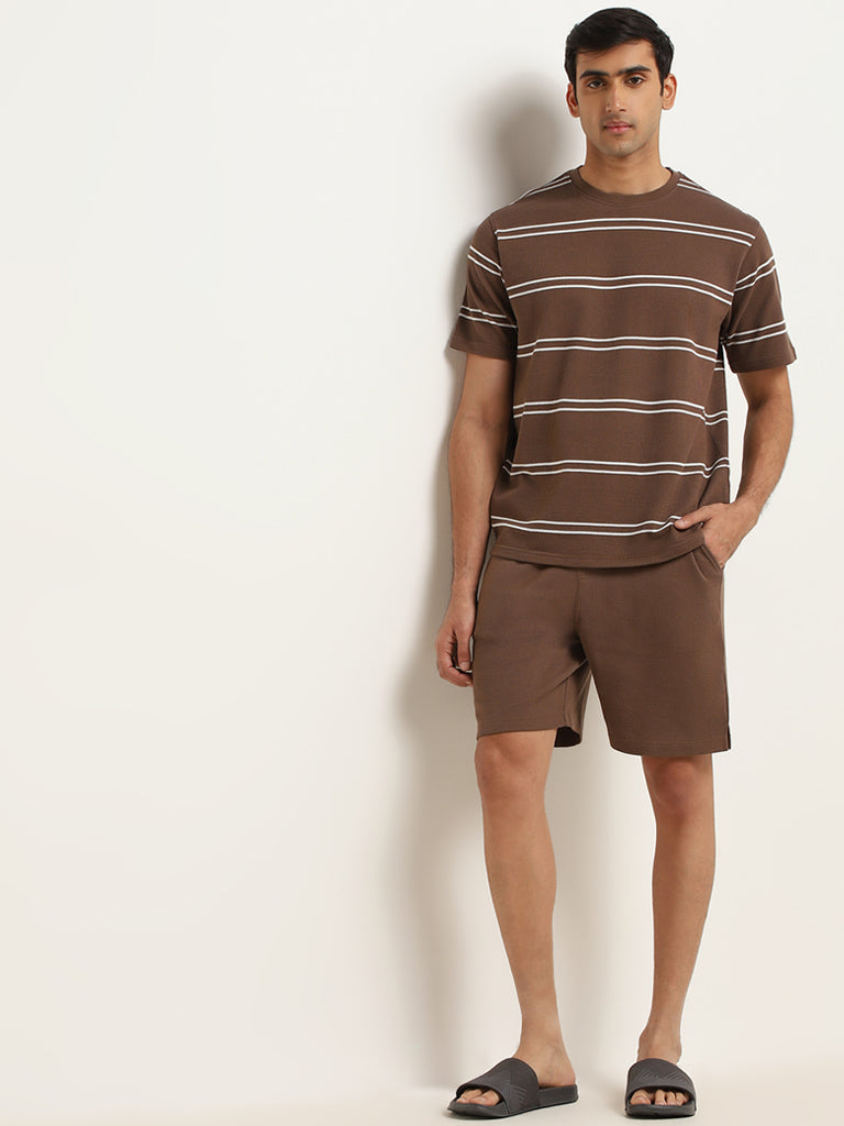 Westside WES Lounge Men's Brown Textured Cotton-Blend Relaxed Fit Shorts for Casual Wear Full View
