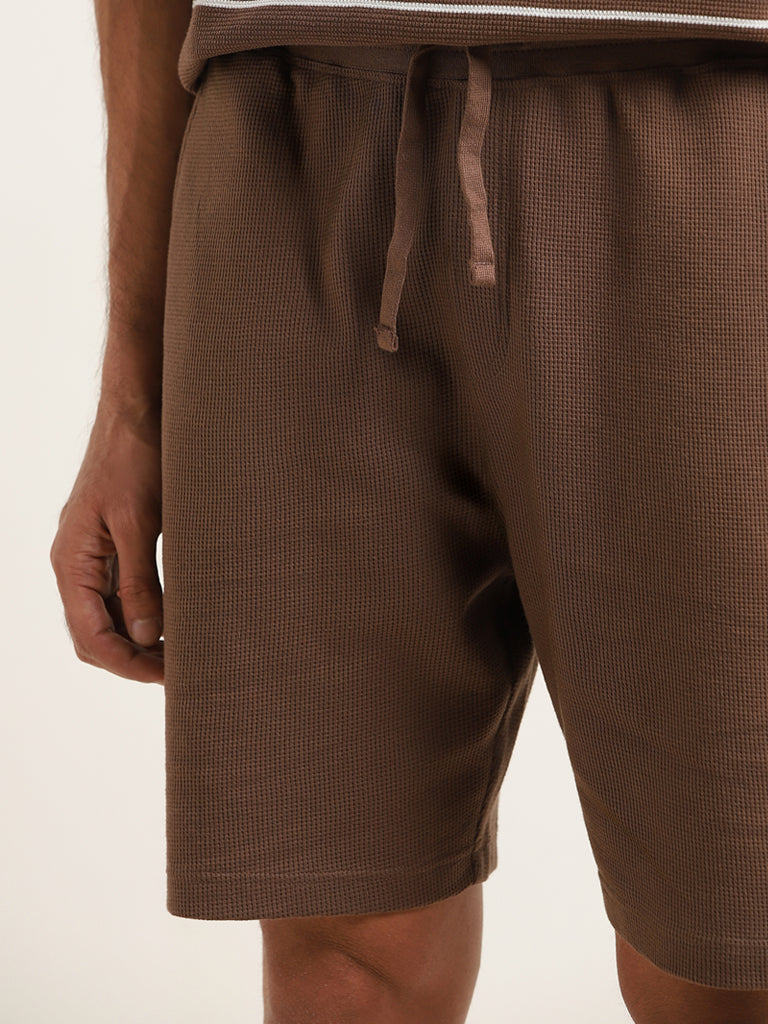 Westside WES Lounge Men's Brown Textured Cotton-Blend Relaxed Fit Shorts for Casual Wear Zoomed View