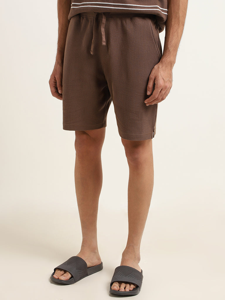 Westside WES Lounge Men's Brown Textured Cotton-Blend Relaxed Fit Shorts for Casual Wear Front View