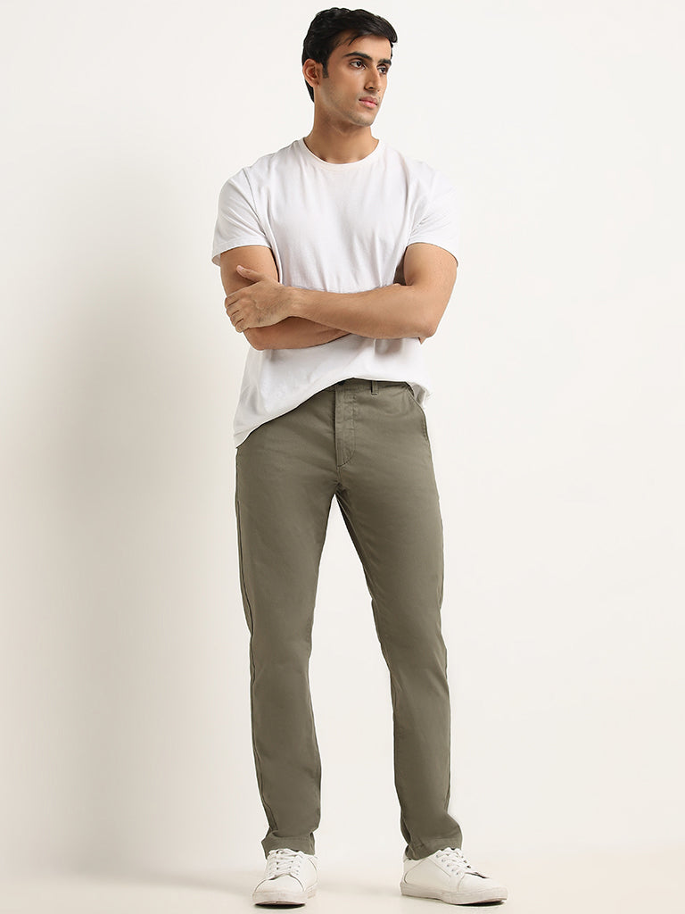 Westside WES Casuals Men's Olive Cotton-Blend Slim Fit Mid Rise Chinos for Casual Wear Full View