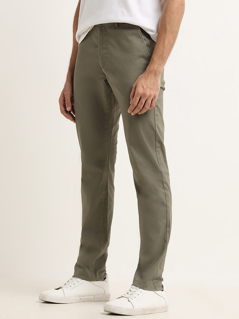 Westside WES Casuals Men's Olive Cotton-Blend Slim Fit Mid Rise Chinos for Casual Wear Front View