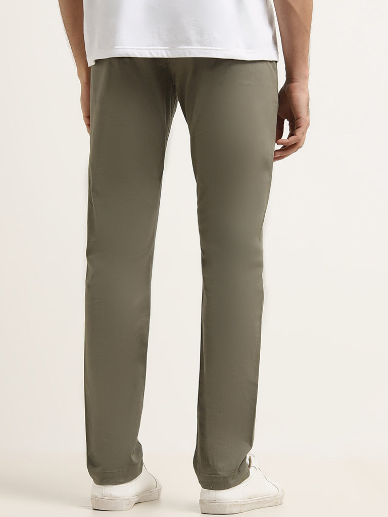 Westside WES Casuals Men's Olive Cotton-Blend Slim Fit Mid Rise Chinos for Casual Wear Back View