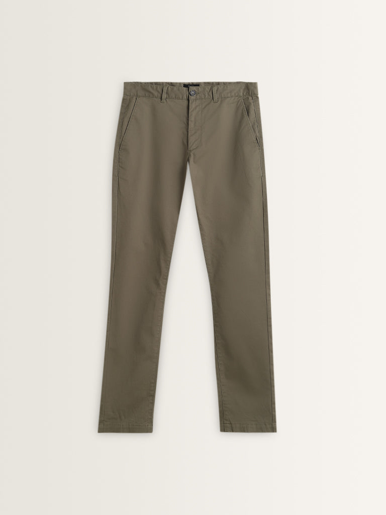 Westside WES Casuals Men's Olive Cotton-Blend Slim Fit Mid Rise Chinos for Casual Wear Flatly