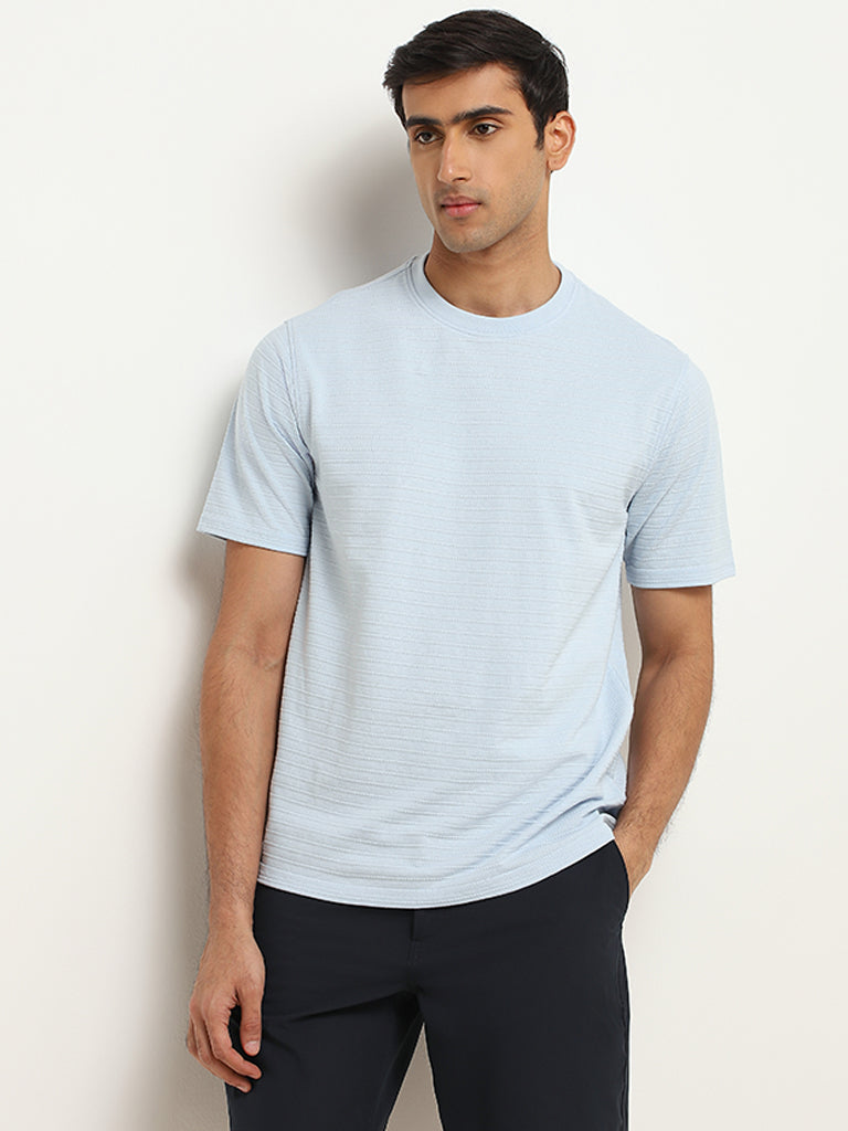 Westside WES Lounge Men's Blue Relaxed Fit Knit Cotton-Blend T-Shirt for Casual Wear Front View