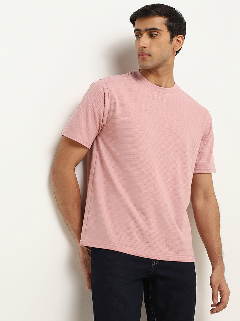 Westside WES Lounge Men's Dusty Pink Relaxed Fit Knit Cotton T-Shirt for Casual Wear Front View