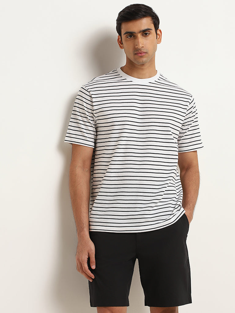 Westside WES Lounge Men's White Relaxed Fit Knit Cotton-Blend T-Shirt for Casual Wear Front View