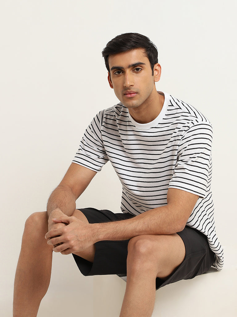 Westside WES Lounge Men's White Relaxed Fit Knit Cotton-Blend T-Shirt for Casual Wear Full View