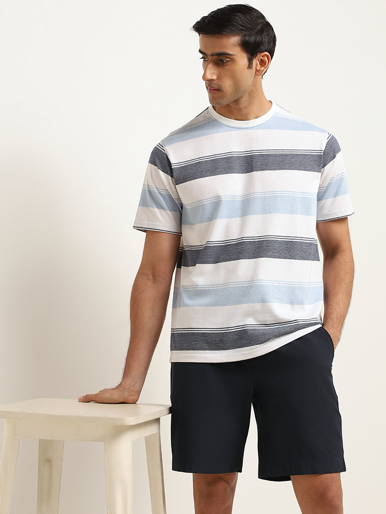 Westside WES Lounge Men's Blue Cotton-Blend Relaxed Fit T-Shirt for Casual Wear Front View