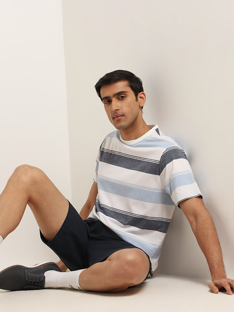 Westside WES Lounge Men's Blue Cotton-Blend Relaxed Fit T-Shirt for Casual Wear Full View