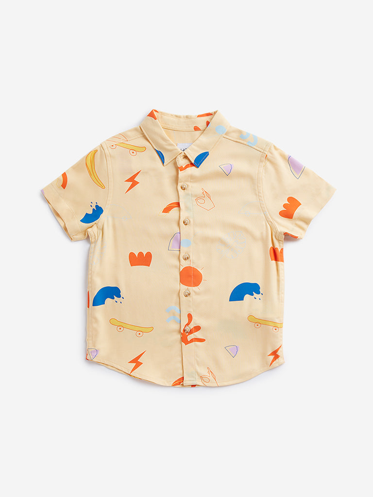 Westside HOP Kids Mustard Printed Shirt for Casual Wear Front View