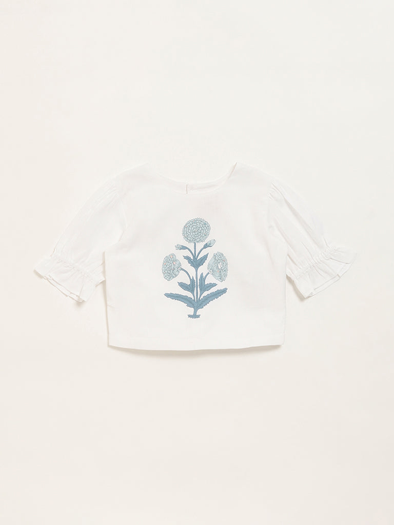 Westside Utsa Kids White Floral Printed Cotton Top - (2 -8yrs) for Ethnic Wear Front View