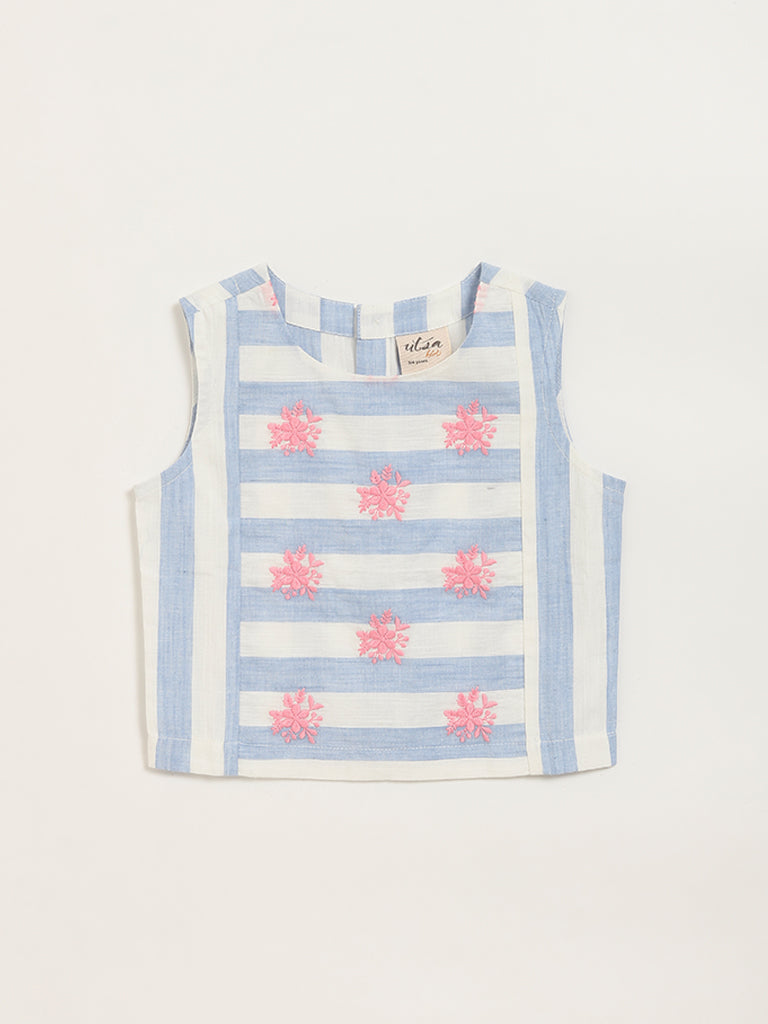 Westside Utsa Kids Floral Embroidered Blue Striped Cotton Top - (2 -8yrs) for Ethnic Wear Front View