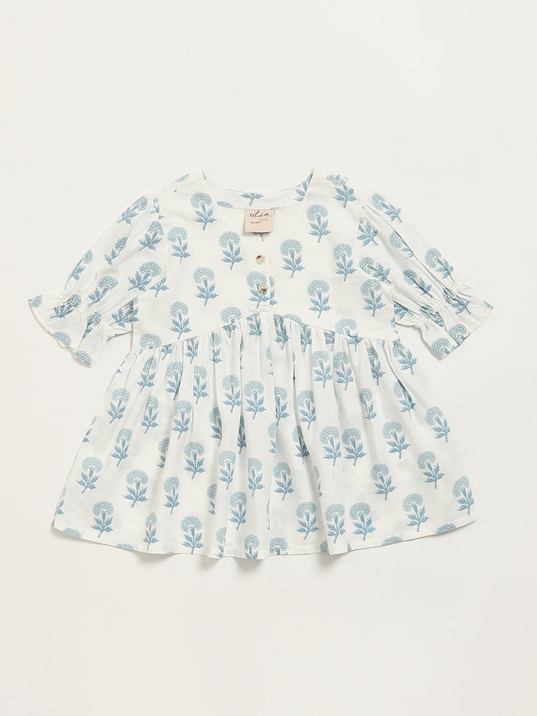 Westside Utsa Kids White Floral Printed Cotton-Blend A-Line Dress - (2 -8yrs) for Ethnic Wear Front View