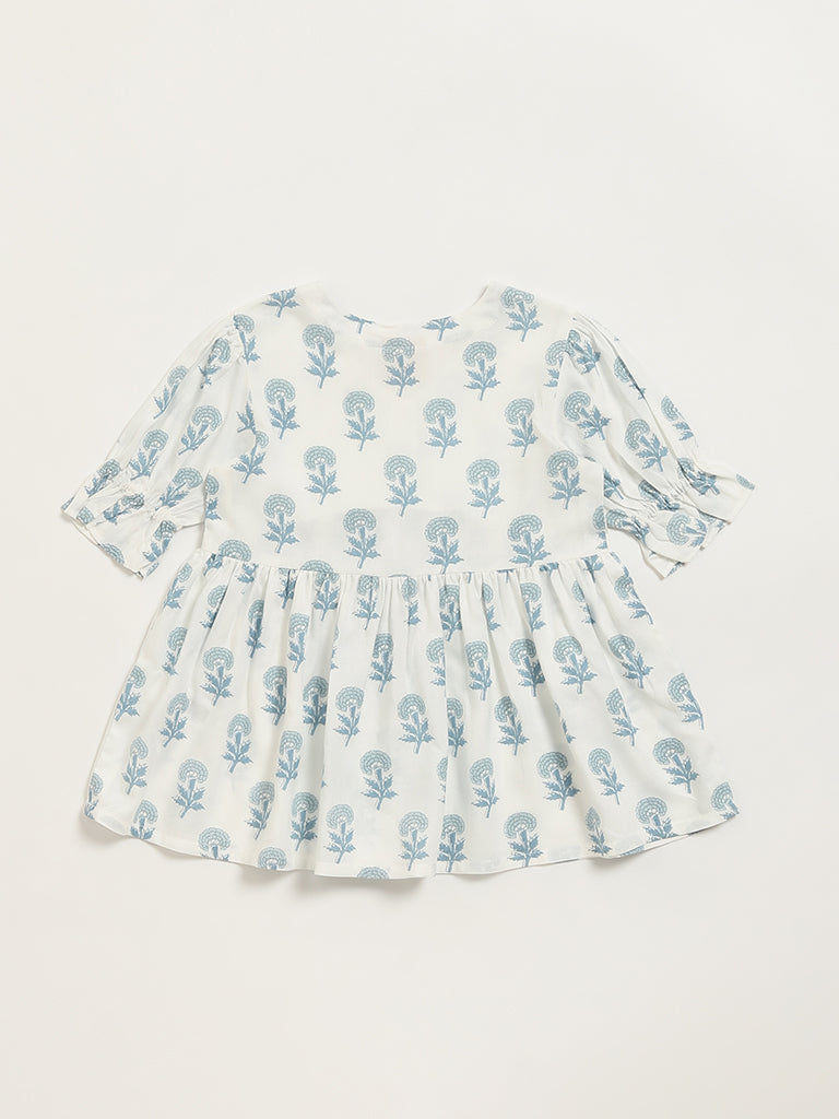 Westside Utsa Kids White Floral Printed Cotton-Blend A-Line Dress - (2 -8yrs) for Ethnic Wear Back View