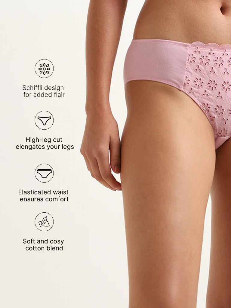 Wunderlove Pink Broiderie Cotton-Blend High-Leg Briefs