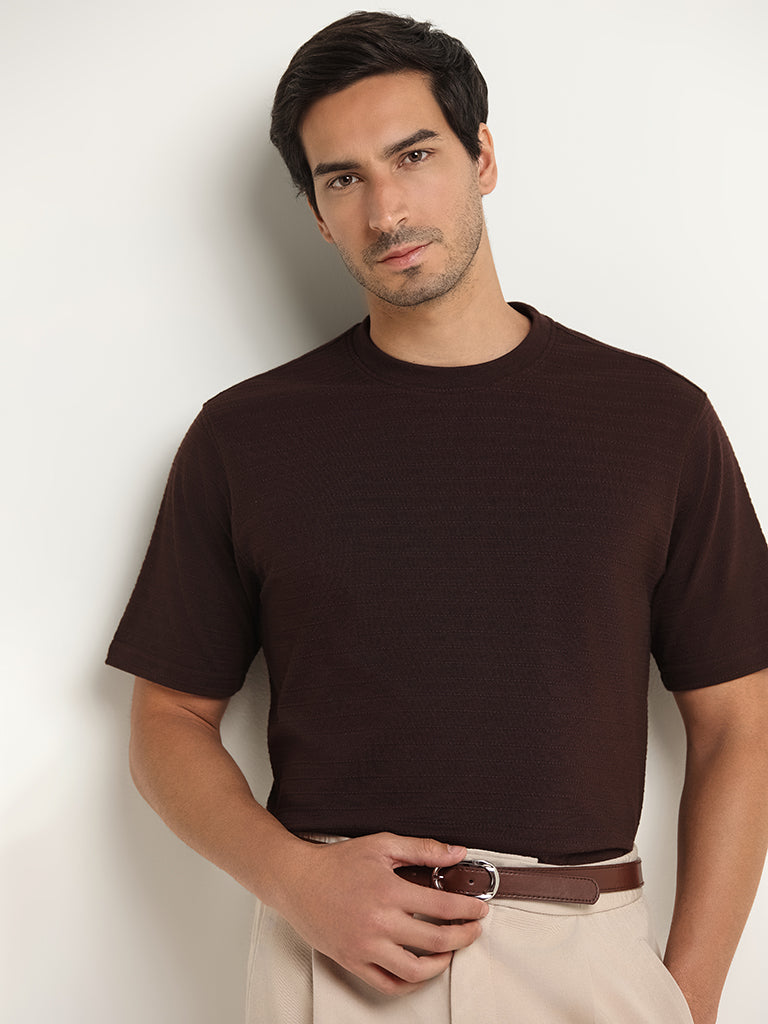 Westside WES Lounge Men's Brown Textured Relaxed Fit Linen-Blend T-Shirt for Casual Wear Front View