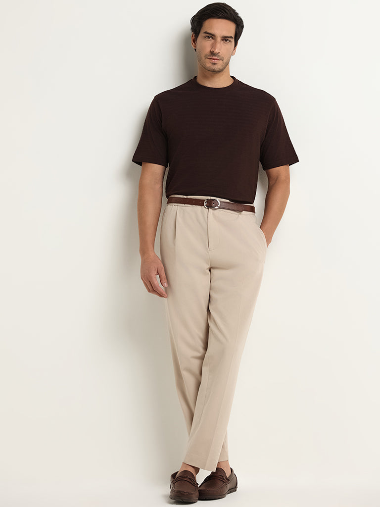 Westside WES Lounge Men's Brown Textured Relaxed Fit Linen-Blend T-Shirt for Casual Wear Full View