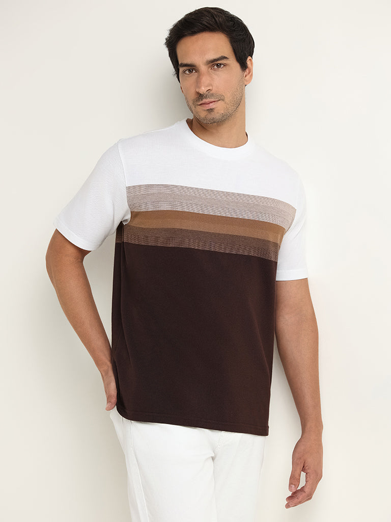 Westside WES Lounge Men's Brown Striped Cotton-Blend Relaxed Fit T-Shirt for Casual Wear Front View