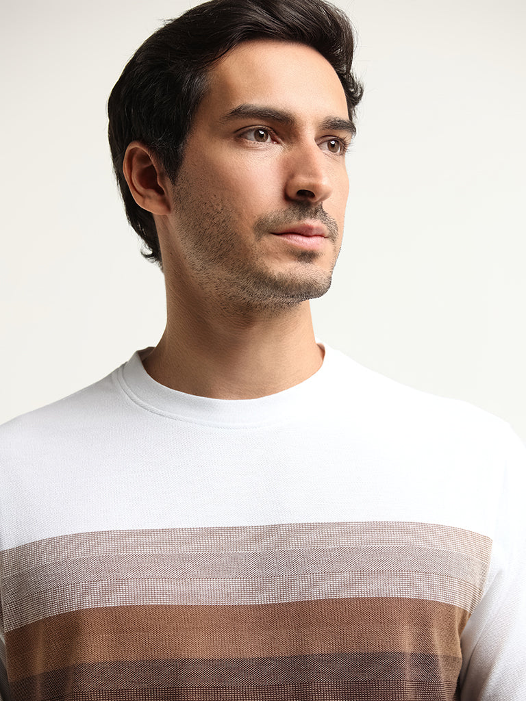 Westside WES Lounge Men's Brown Striped Cotton-Blend Relaxed Fit T-Shirt for Casual Wear Zoomed View