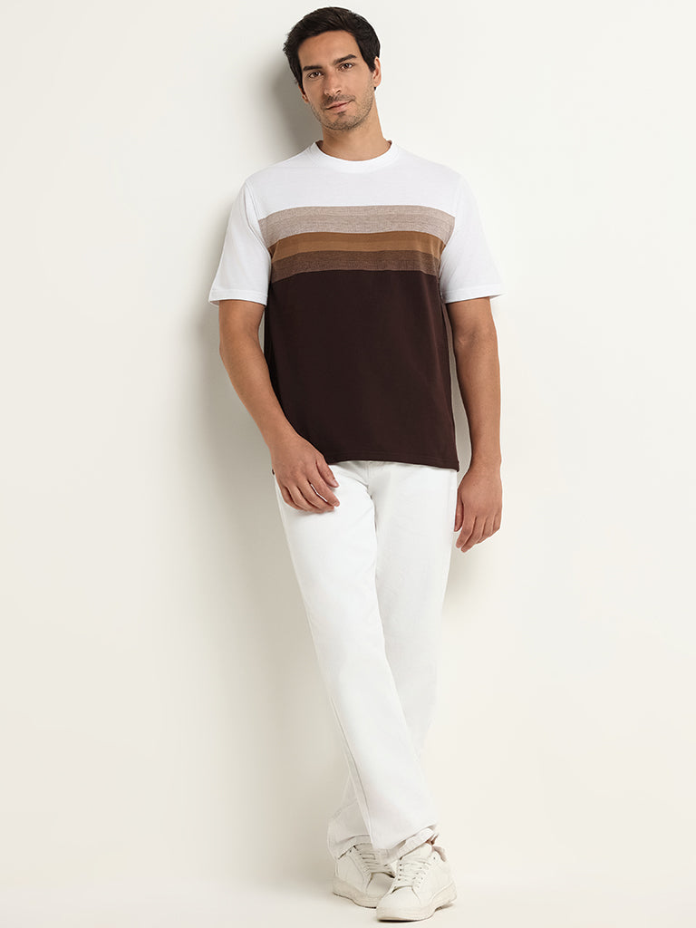 Westside WES Lounge Men's Brown Striped Cotton-Blend Relaxed Fit T-Shirt for Casual Wear Full View