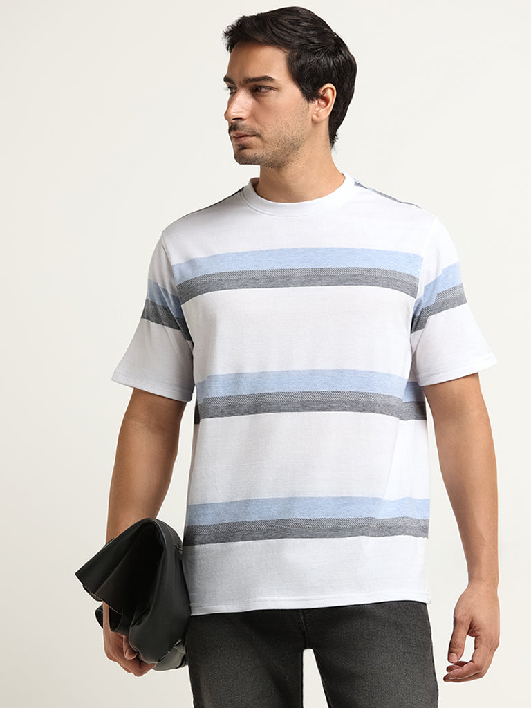 Westside WES Lounge Men's Blue Striped Cotton-Blend Relaxed Fit T-Shirt for Casual Wear Front View