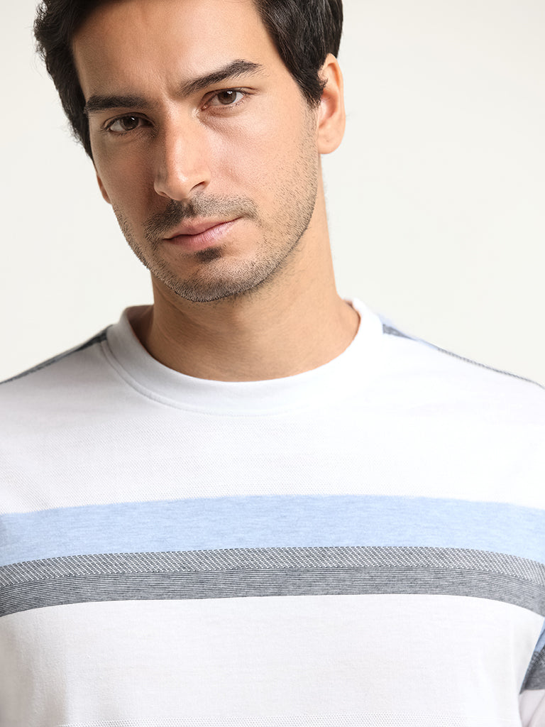 Westside WES Lounge Men's Blue Striped Cotton-Blend Relaxed Fit T-Shirt for Casual Wear Zoomed View