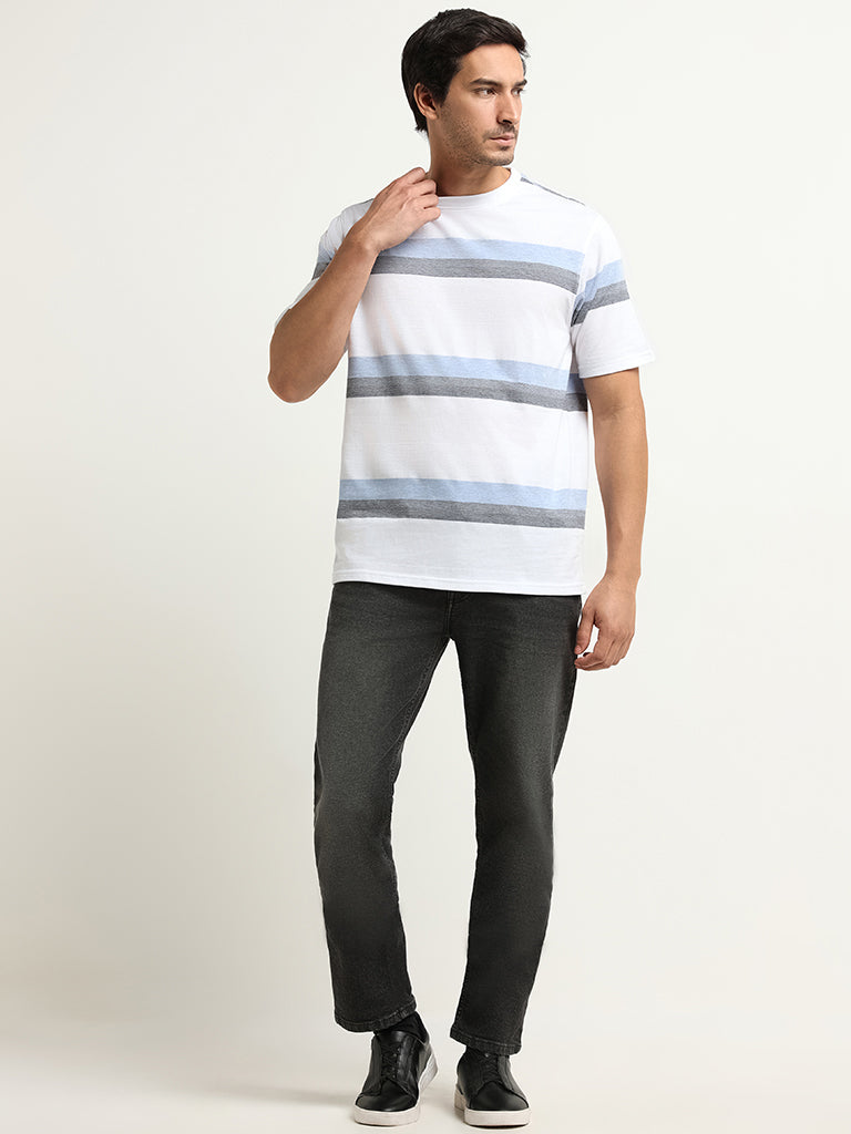 Westside WES Lounge Men's Blue Striped Cotton-Blend Relaxed Fit T-Shirt for Casual Wear Full View