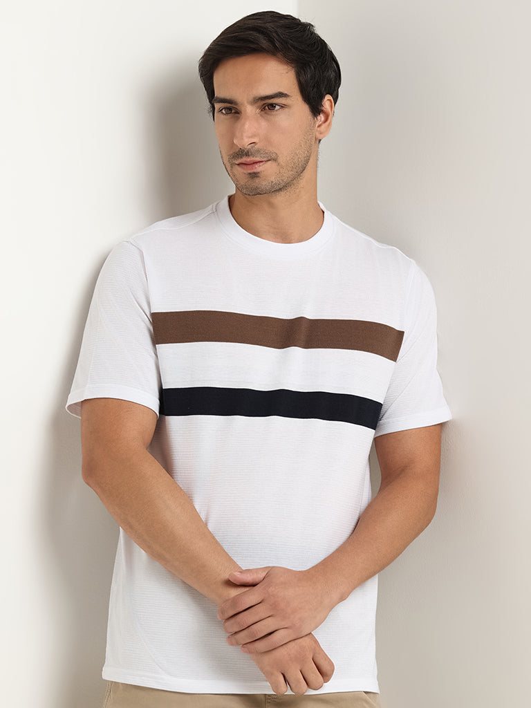 Westside WES Lounge Men's White Striped Cotton-Blend Relaxed Fit T-Shirt for Casual Wear Front View