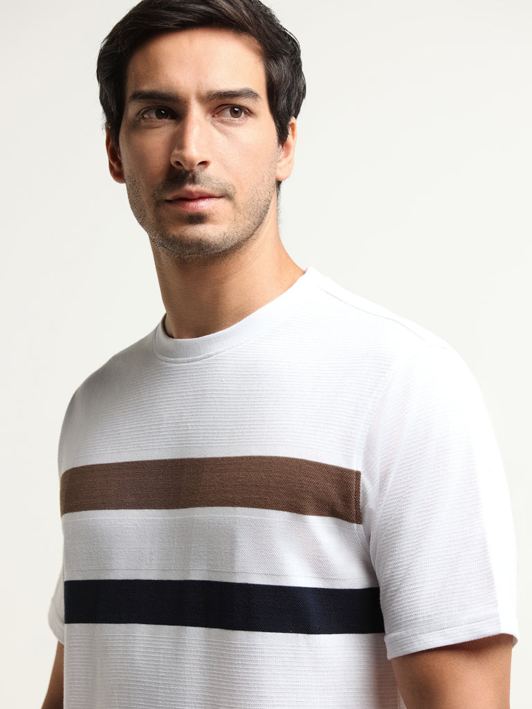 Westside WES Lounge Men's White Striped Cotton-Blend Relaxed Fit T-Shirt for Casual Wear Zoomed View