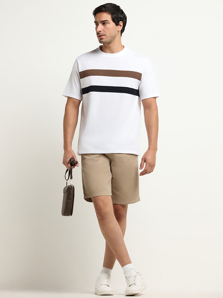 Westside WES Lounge Men's White Striped Cotton-Blend Relaxed Fit T-Shirt for Casual Wear Full View