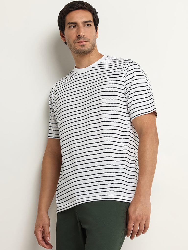 Westside WES Lounge Men's White Striped Cotton-Blend Relaxed Fit T-Shirt for Casual Wear Front View