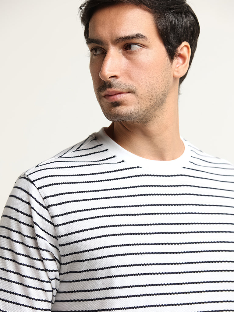 Westside WES Lounge Men's White Striped Cotton-Blend Relaxed Fit T-Shirt for Casual Wear Zoomed View