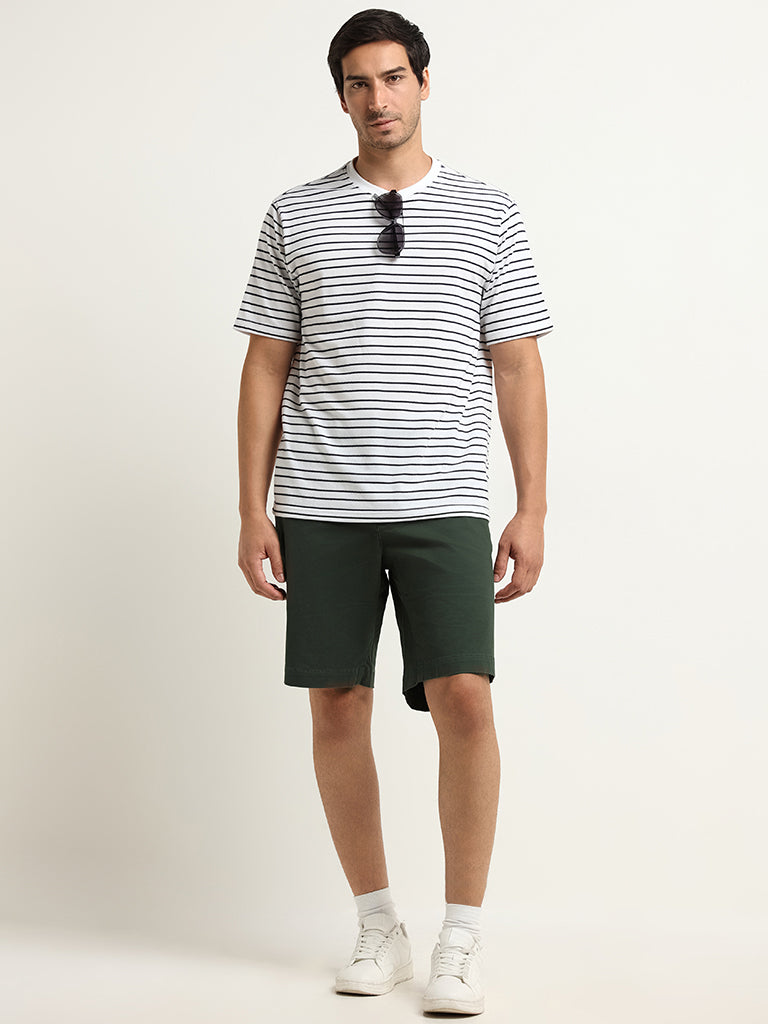 Westside WES Lounge Men's White Striped Cotton-Blend Relaxed Fit T-Shirt for Casual Wear Full View