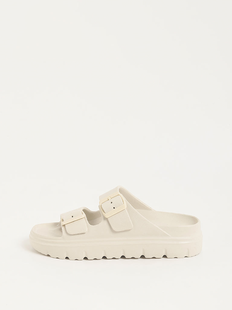 Westside LUNA BLU Women's Off-White Buckle-Strap Chunky Flip-Flops Side View