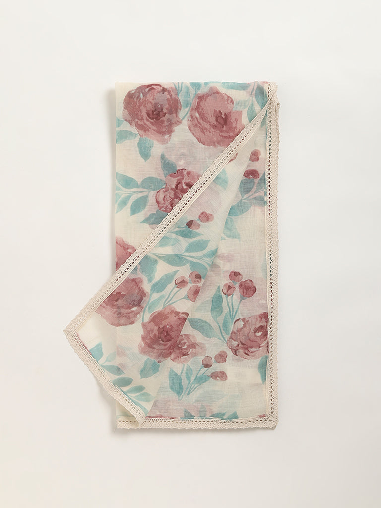 Zuba Off-White Floral Print Cotton-Blend Dupatta